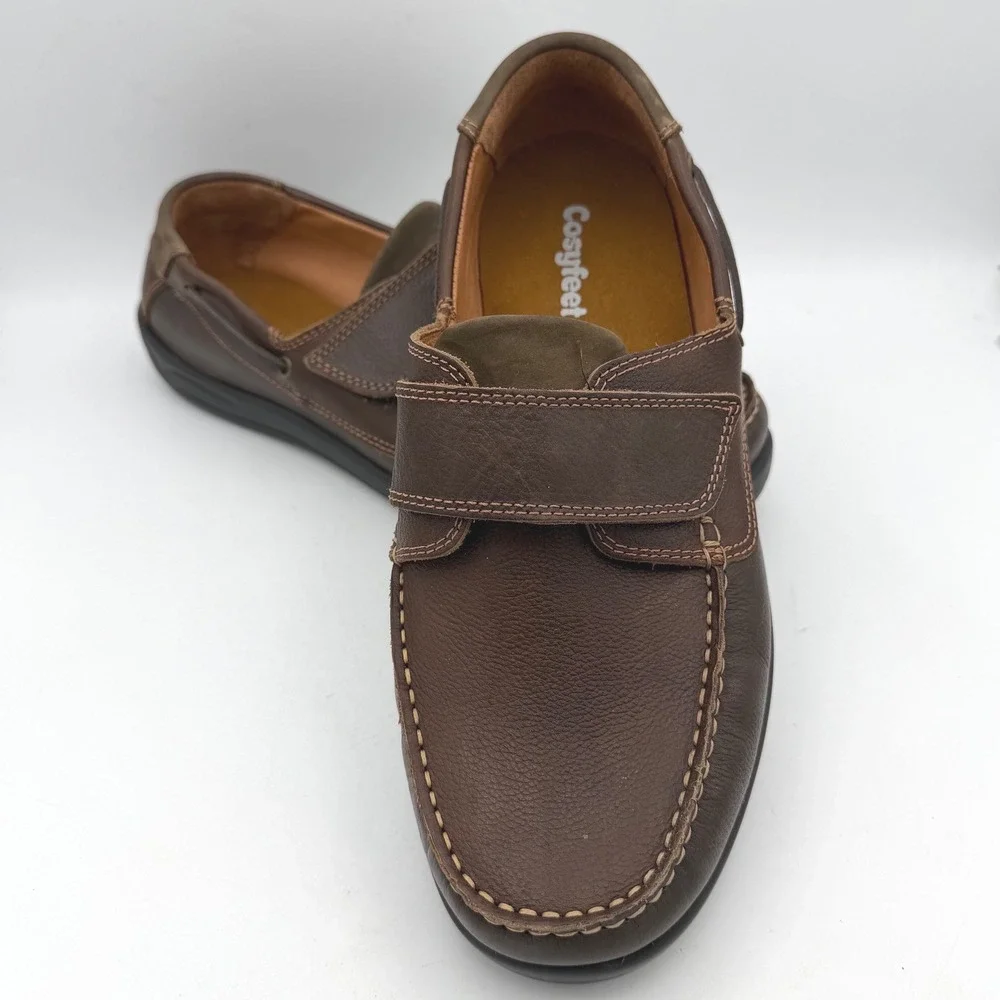 Cosyfeet Mens Brown Leather Wide Fit Boat Shoes Hook Loop Loafers Size 7.5